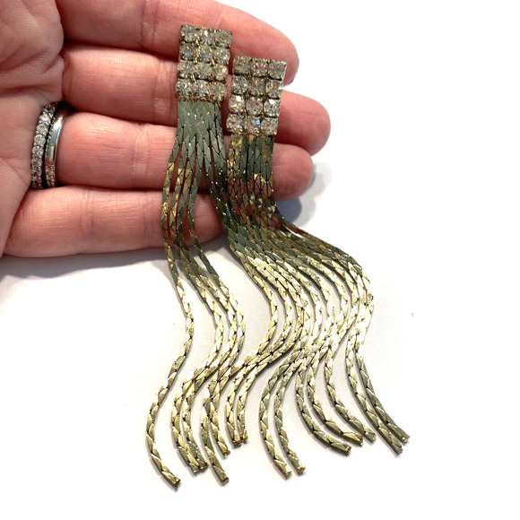 Dramatic Dressy Pierced Earrings Y2K Gold Chain White Rhinestone Runway Dangles - Picture 7 of 8